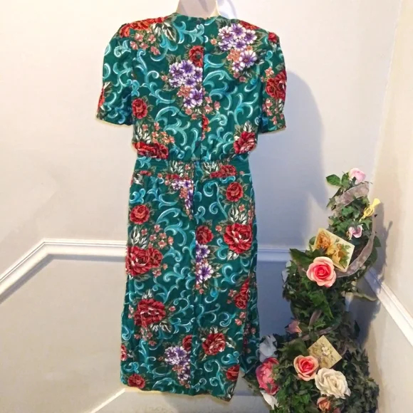Miss Dorby Vintage 1980's Teal Burgundy & Purple Floral Cottagecore Style Dress - Picture 6 of 14